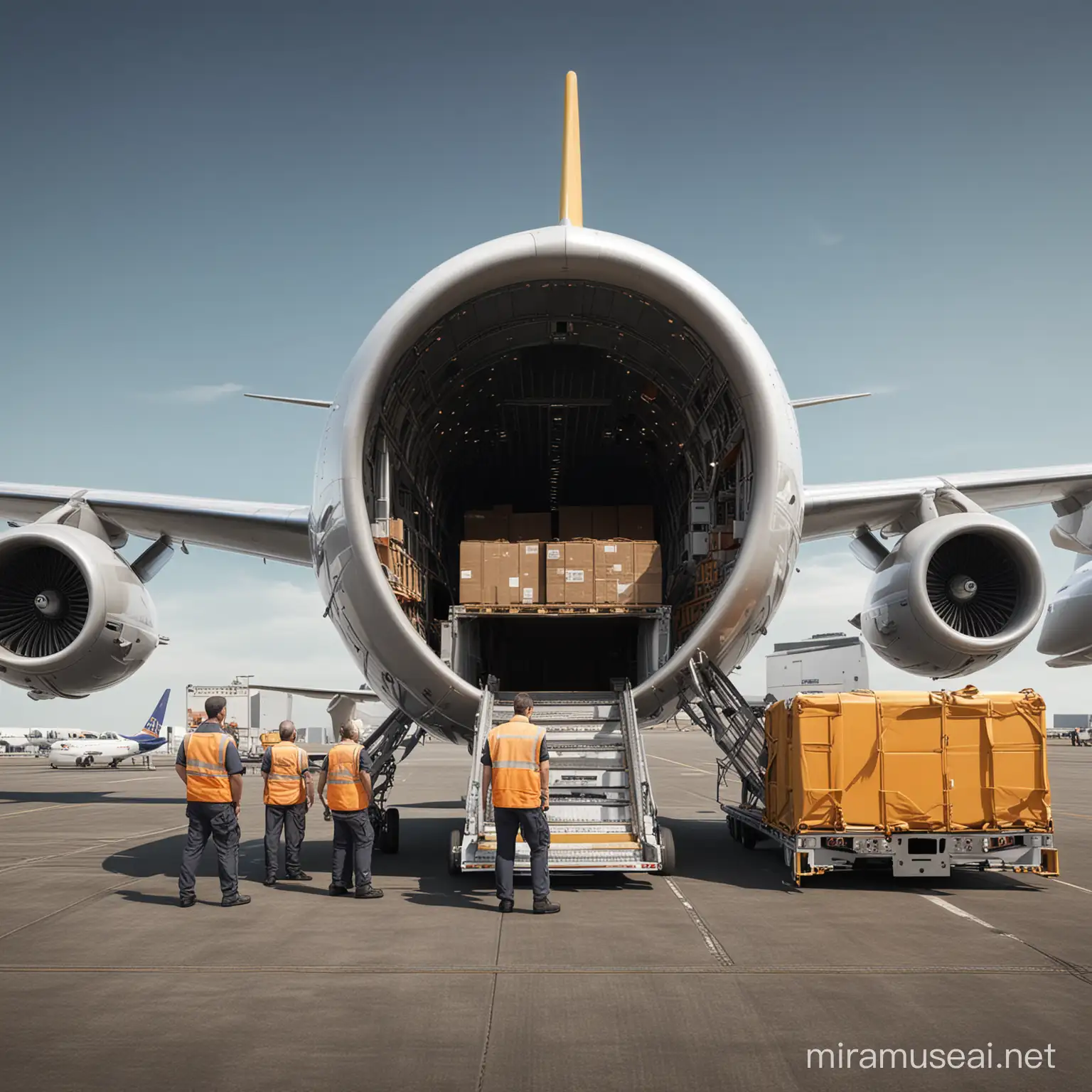 a realistic side view image of an airplane with wide open cargo door at the front of the plane, cargo boxes being loaded, and ground crew members wearing safety vests