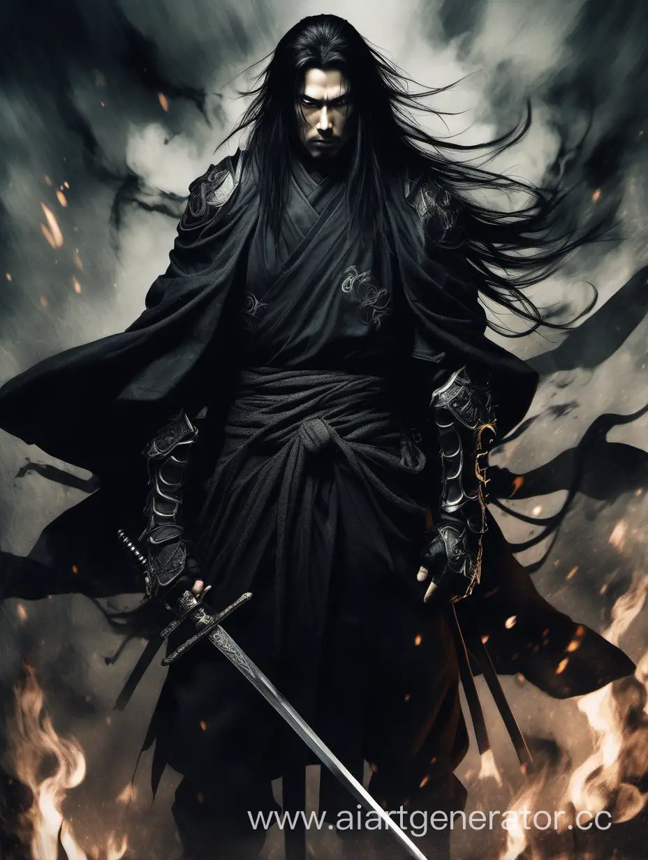 camera from below, European-looking swordsman with long black hair, the top of which is tied back in a ponytail, wearing black samurai armour with a cloak of black flames, looking into the camera, pathos facial expression, gloomy atmosphere, dark scale