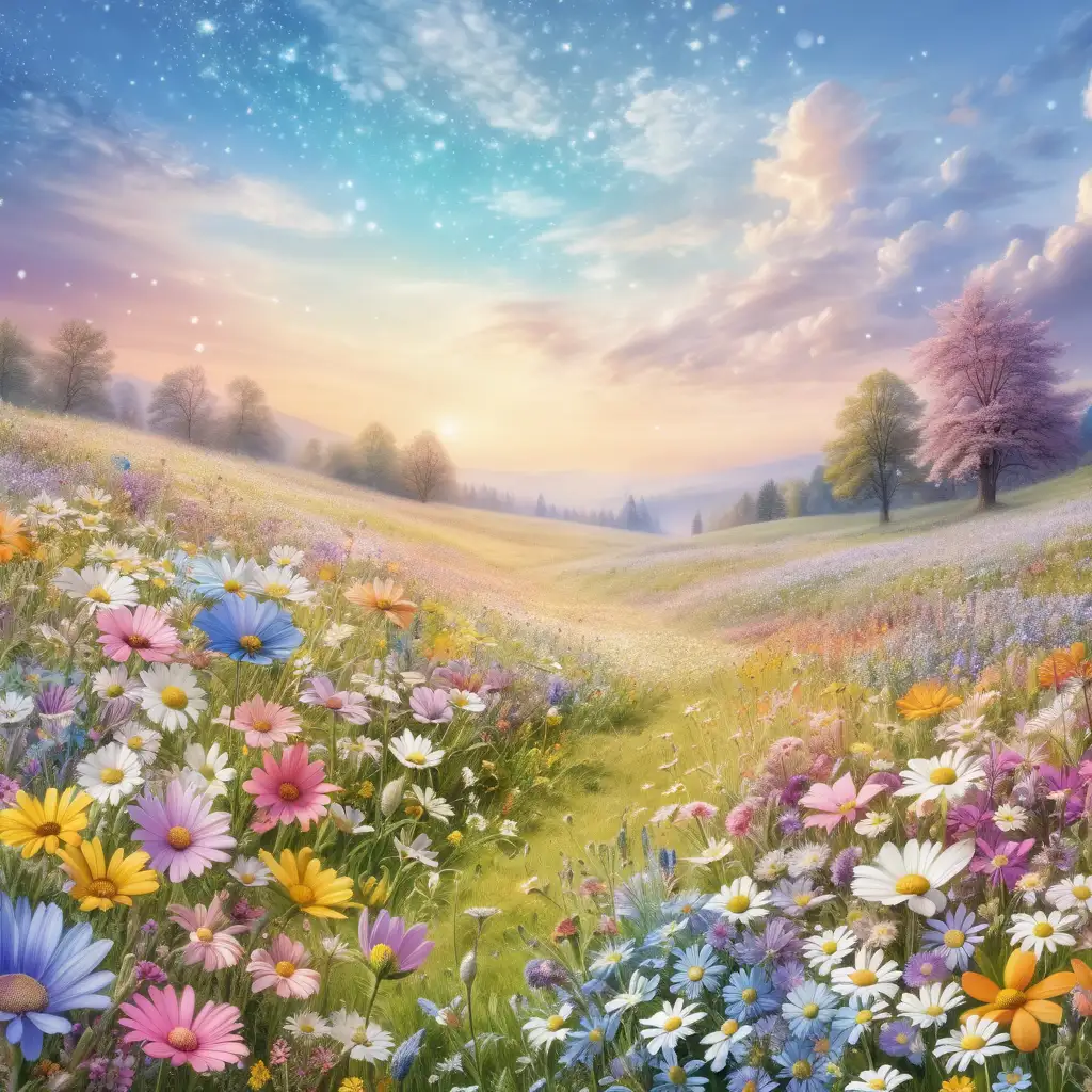 a flowery meadow, lots of flowers, meadow filled with flowers, colorful flowers, pastel colors, pastel sky, soft clouds, sparkly meadow