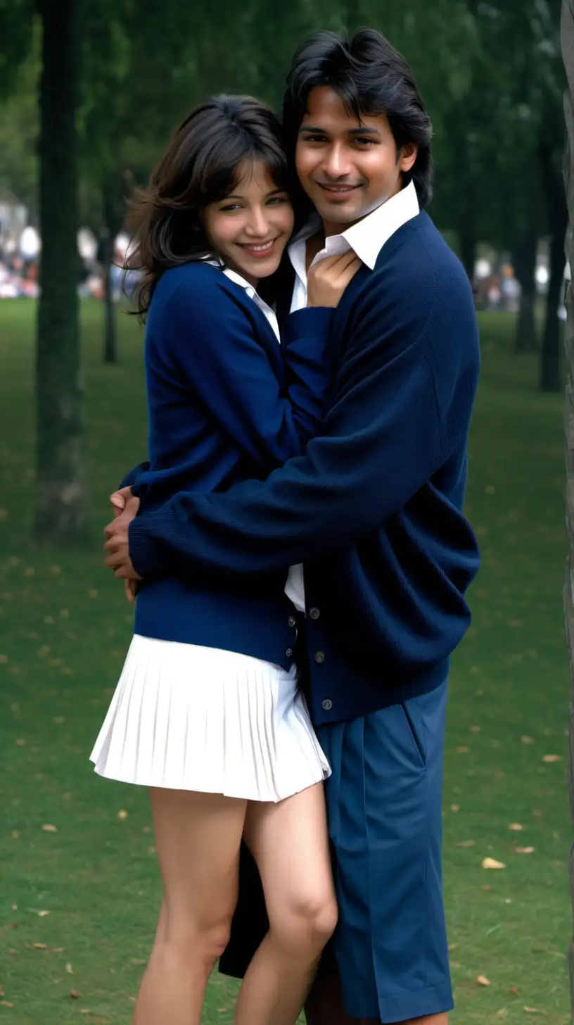 young adult indian andean man hugs and declares his love Young adult Sophie Marceau dark brown hair, angelic smile, seductive very sexy pose, thighs spread and legs spread, long sleeved navy blue wool open cardigan and white polyester shirt blouse and navy blue pleated short skirt and black pumps, in very brightly park