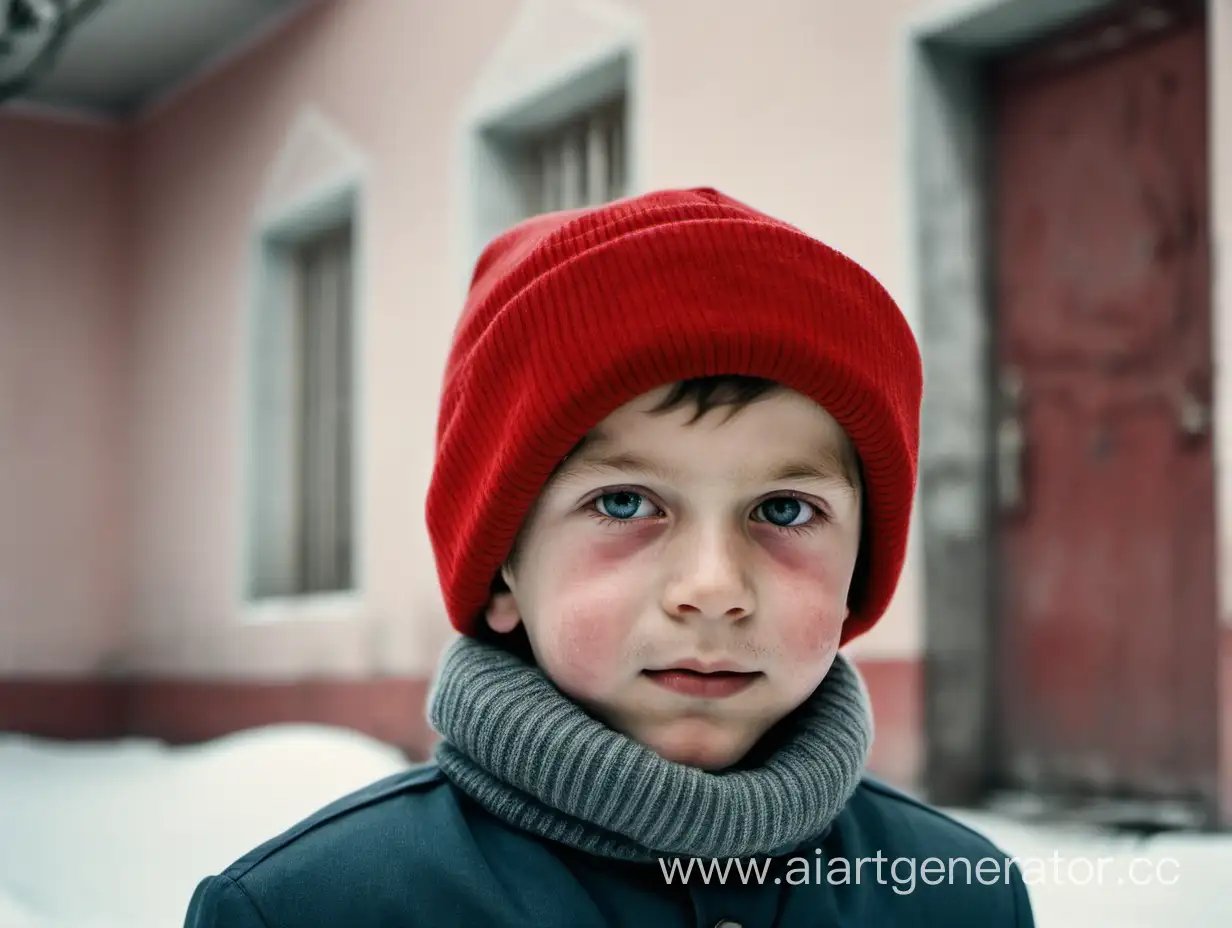 Портрет советского парня во дворе зимой в красной шапке