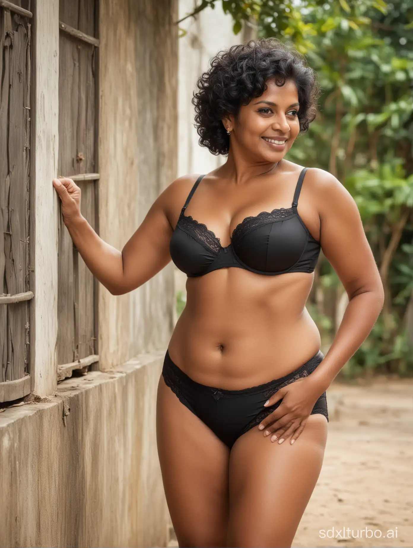 side view full body photo of a beautiful Sri Lankan woman, 60 years old, in a bra and panty, fat thighs, short legs, happy, curly black hair, outdoor photo-shoot, high detailed, Instagram style