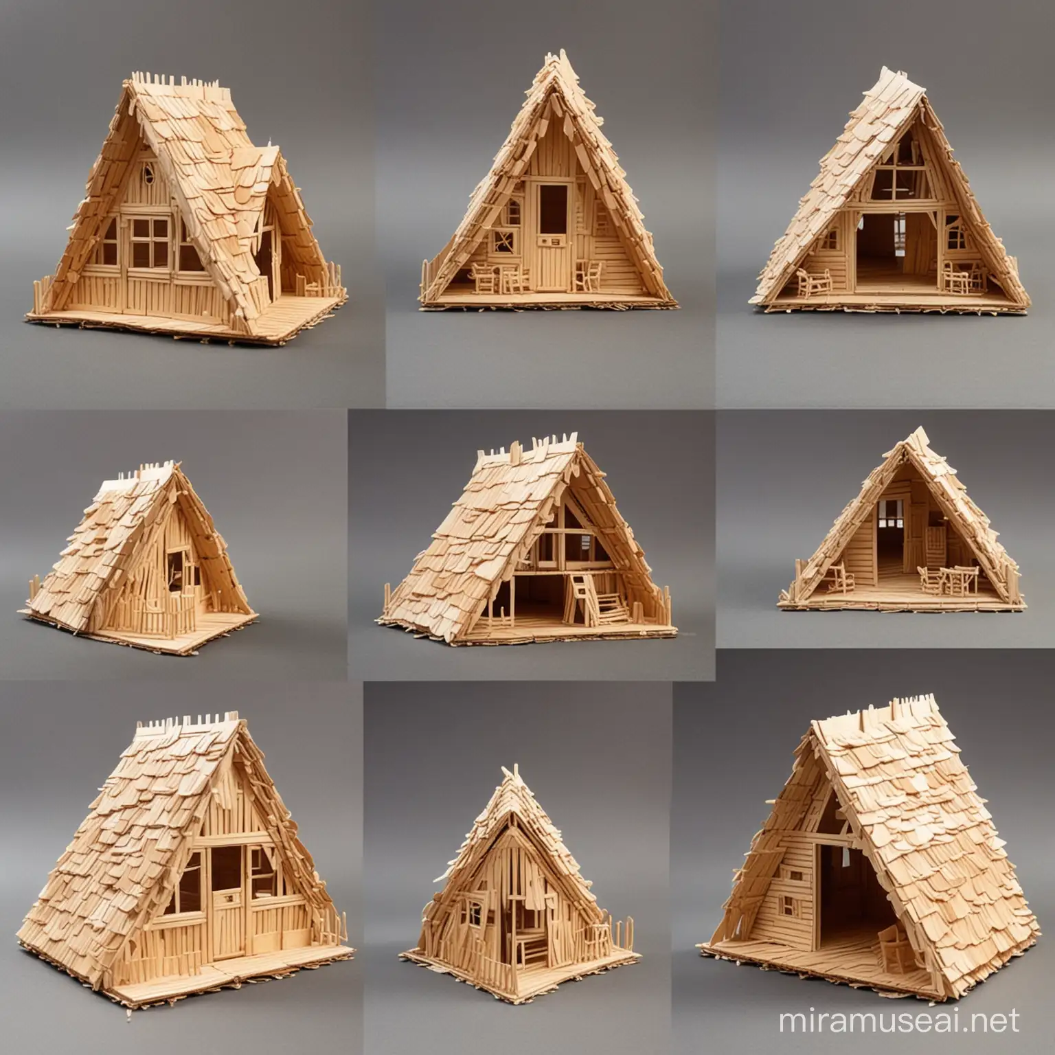 creative triangular cottage exterior made from popsicle sticks. architectural house. Show different sides ; front, side and back views.
