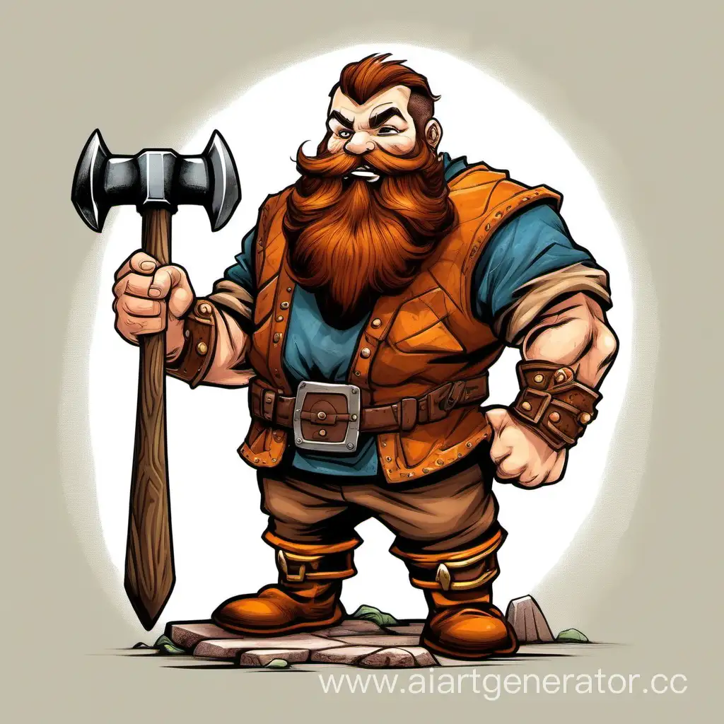 Draw dwarf-barbarian with a well-groomed beard, brown hair, cheerful, holding a two-handed hammer in his hand