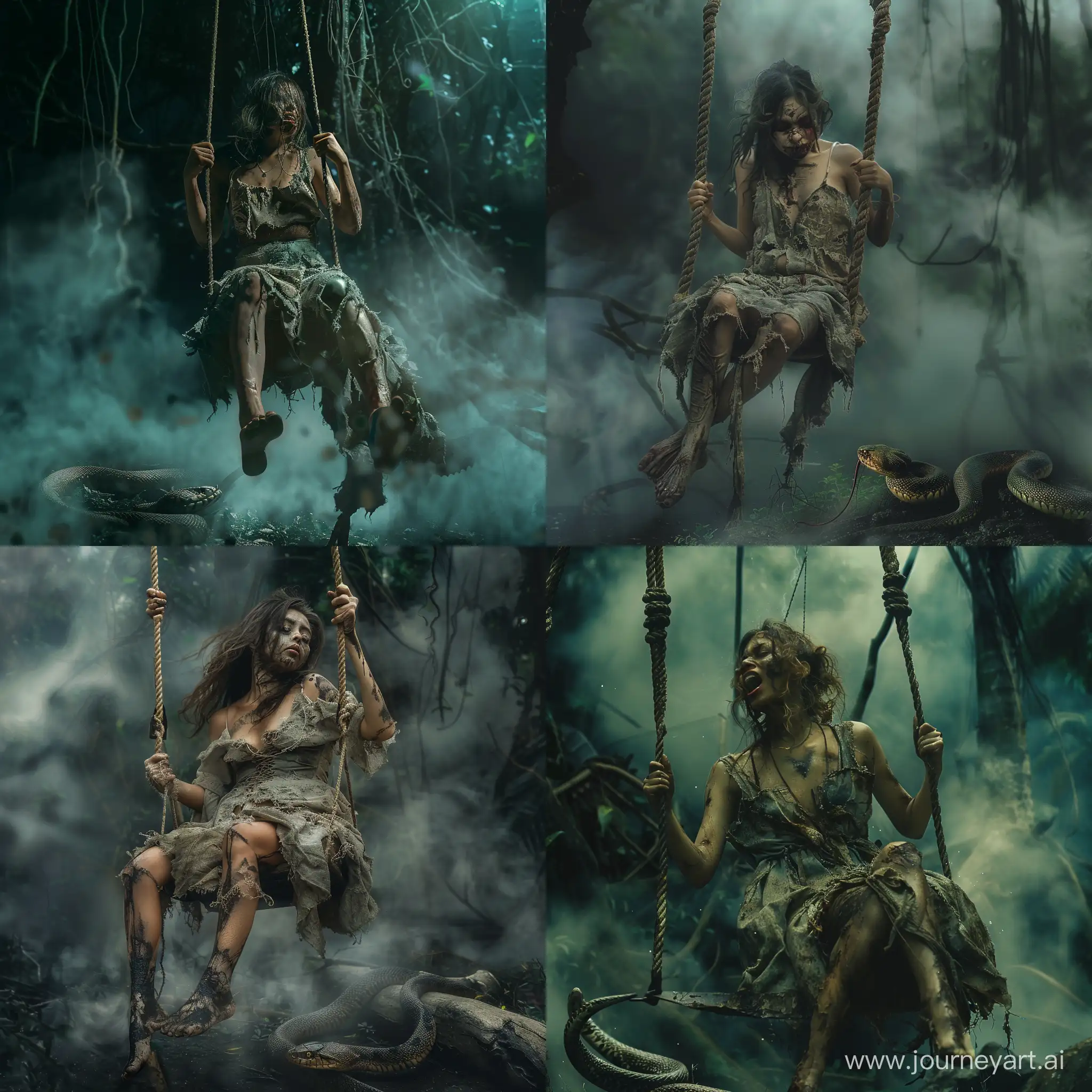A woman with deformed body and face wearing ripped and dirty baggy dress riding a swing at a dark mysterious forest. Mystic fogs around. There is a venomous serpent on the ground. Gothic style. Cinematic photography.