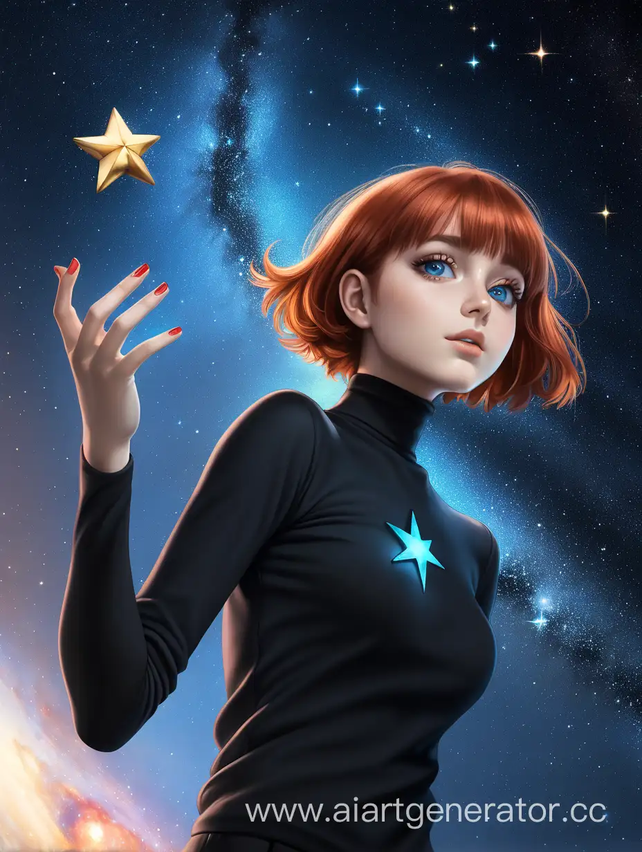 Девушка с короткими красными волосами голубыми глазами в чёрной водолазке ловит звезду в космосе во весь рост
