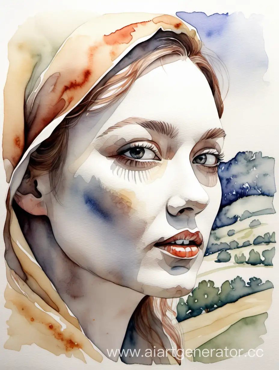 Subtle-Watercolor-Portrait-Womans-Face-Hidden-in-Landscape-Contours