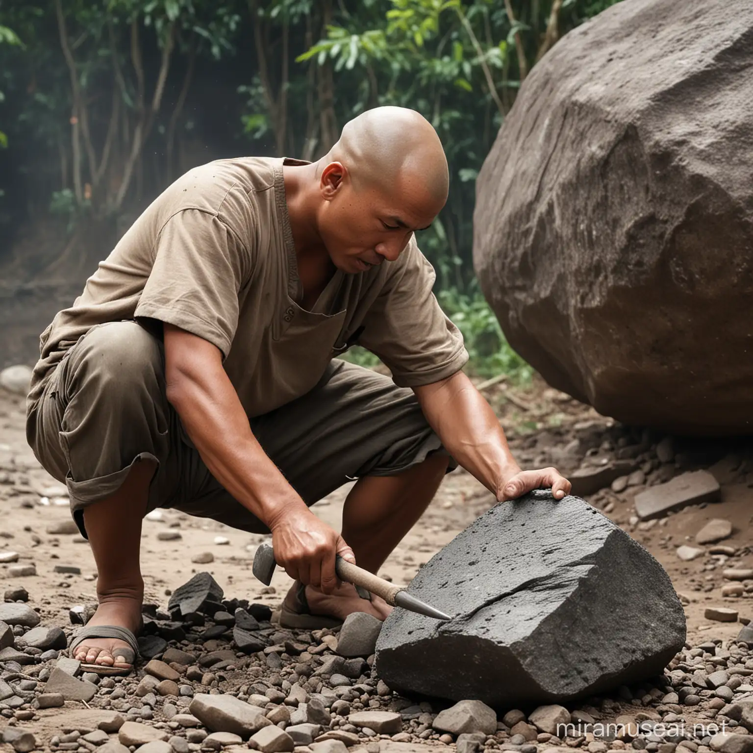 seorang indonesia sedang membelah batu,pakai kampak.kepala botak,nampk realistis
