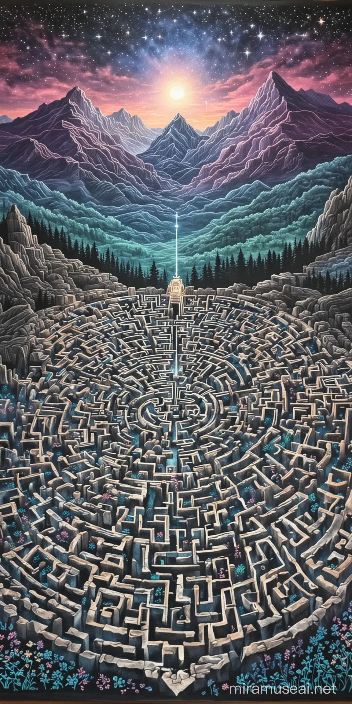 Enchanting Pastel Labyrinth Drawing with Mountain Scenery and Shining Stars