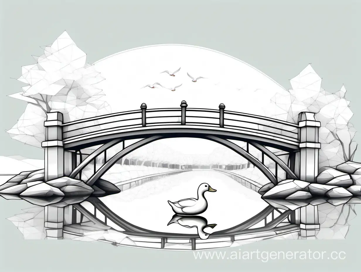 рисунок контурный, белая утка, небольшой мост, ясное небо,  малополигональность