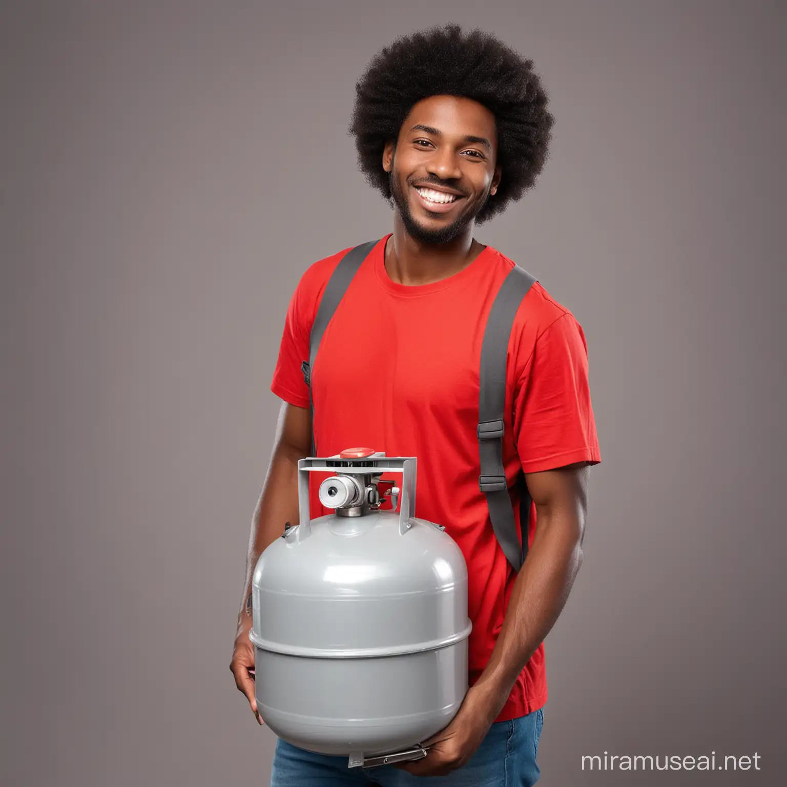 Afro American man carrrying a gas cylinder. Smiling. Red t-shirt. Grey background