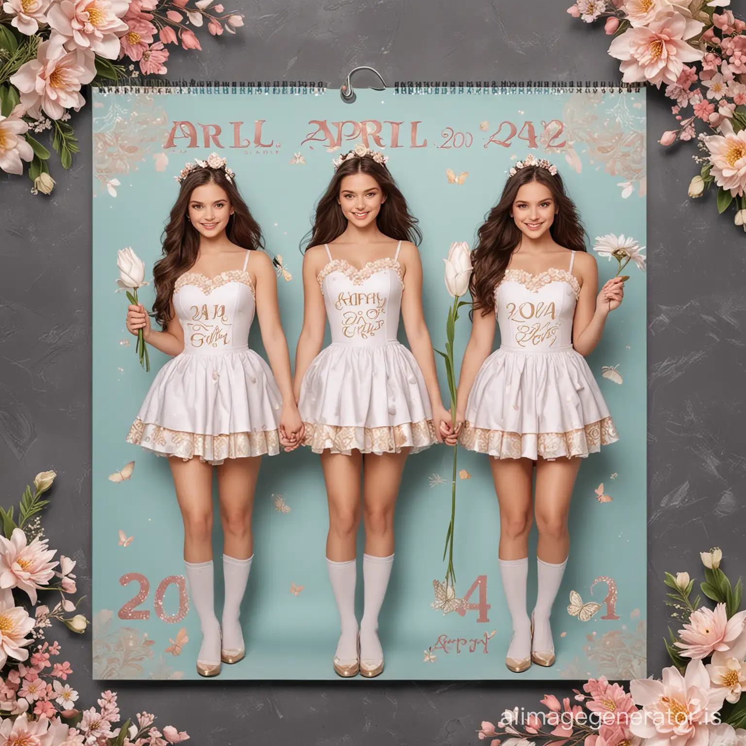 April 2024 calendar Paper, cover with beautiful magic girls