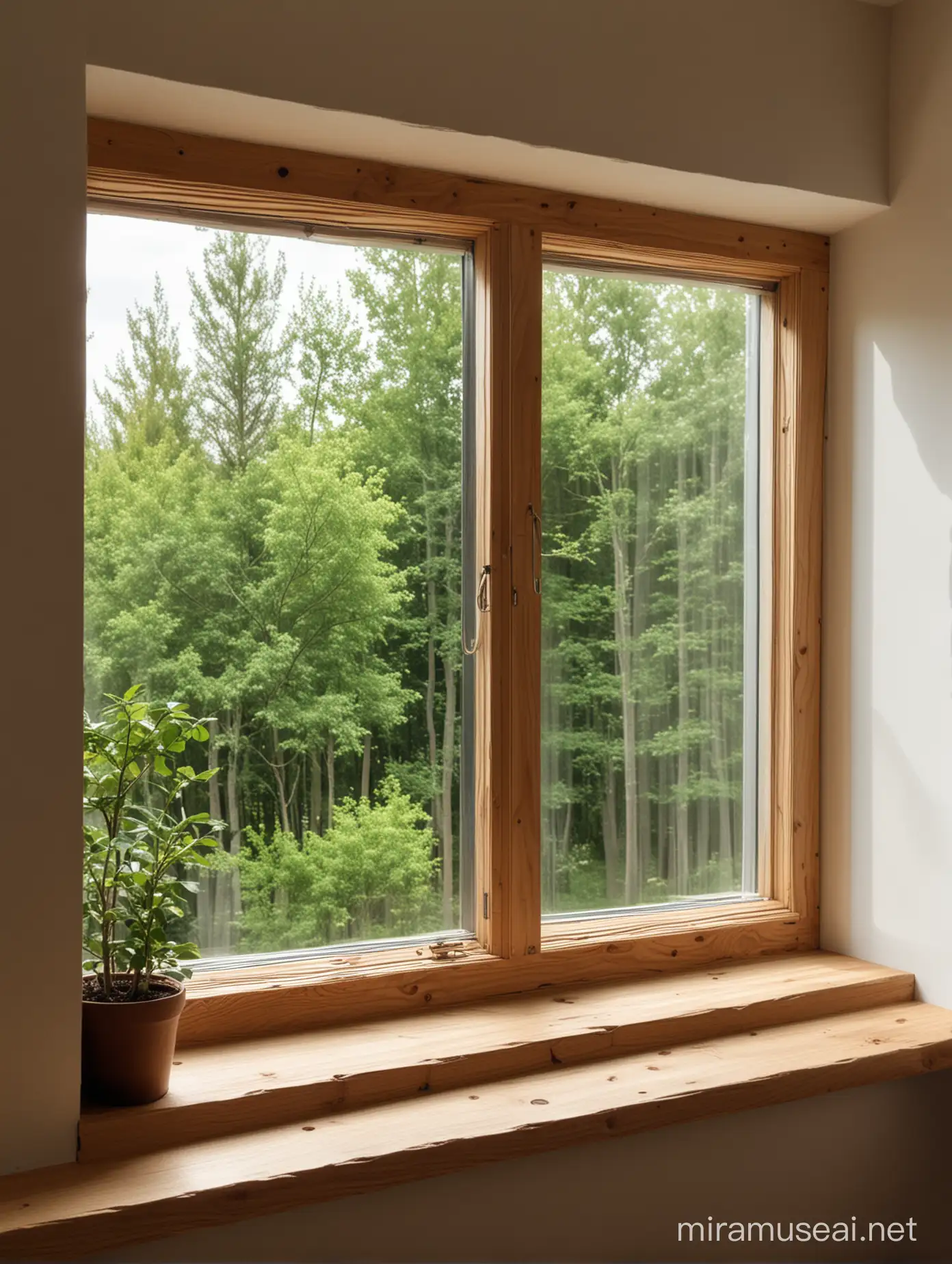 Cozy Wooden Windowsill with Tree Silhouettes Outside