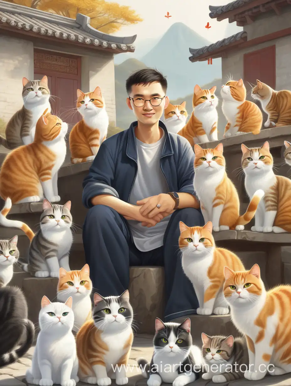 一群可爱的中华田园猫包围了一个男人
