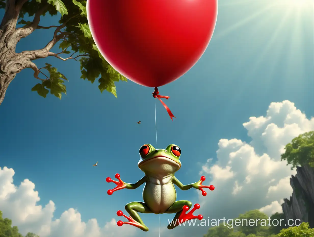 Лягушка летит на привязанном к ее телу красном шарике над огромным деревом. У дерева видно только верхушку