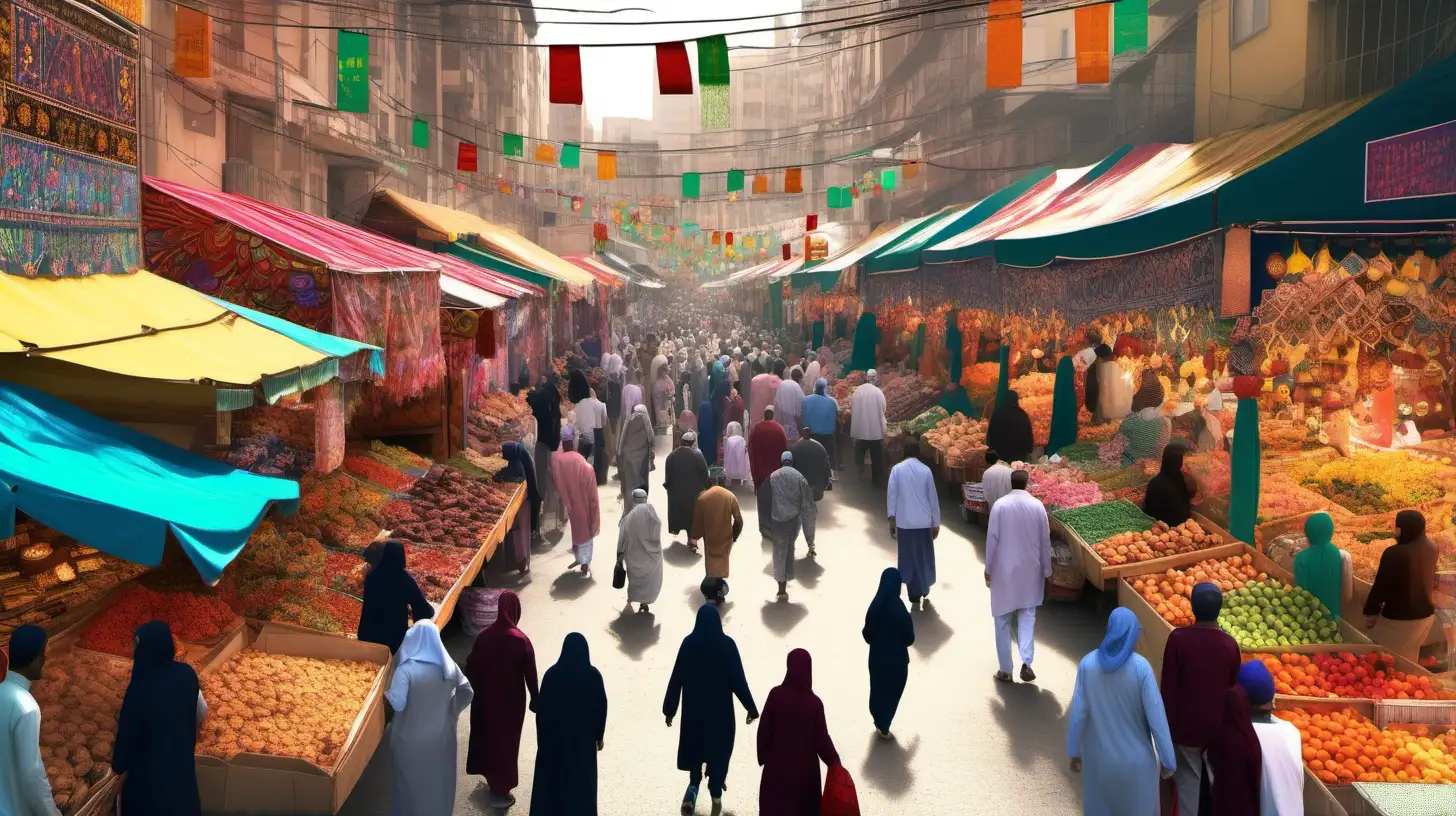 "Inspire a sense of joy and festivity with an AI-generated image of a bustling Eid market, filled with colorful stalls, intricate decorations, and people(no face) exchanging gifts