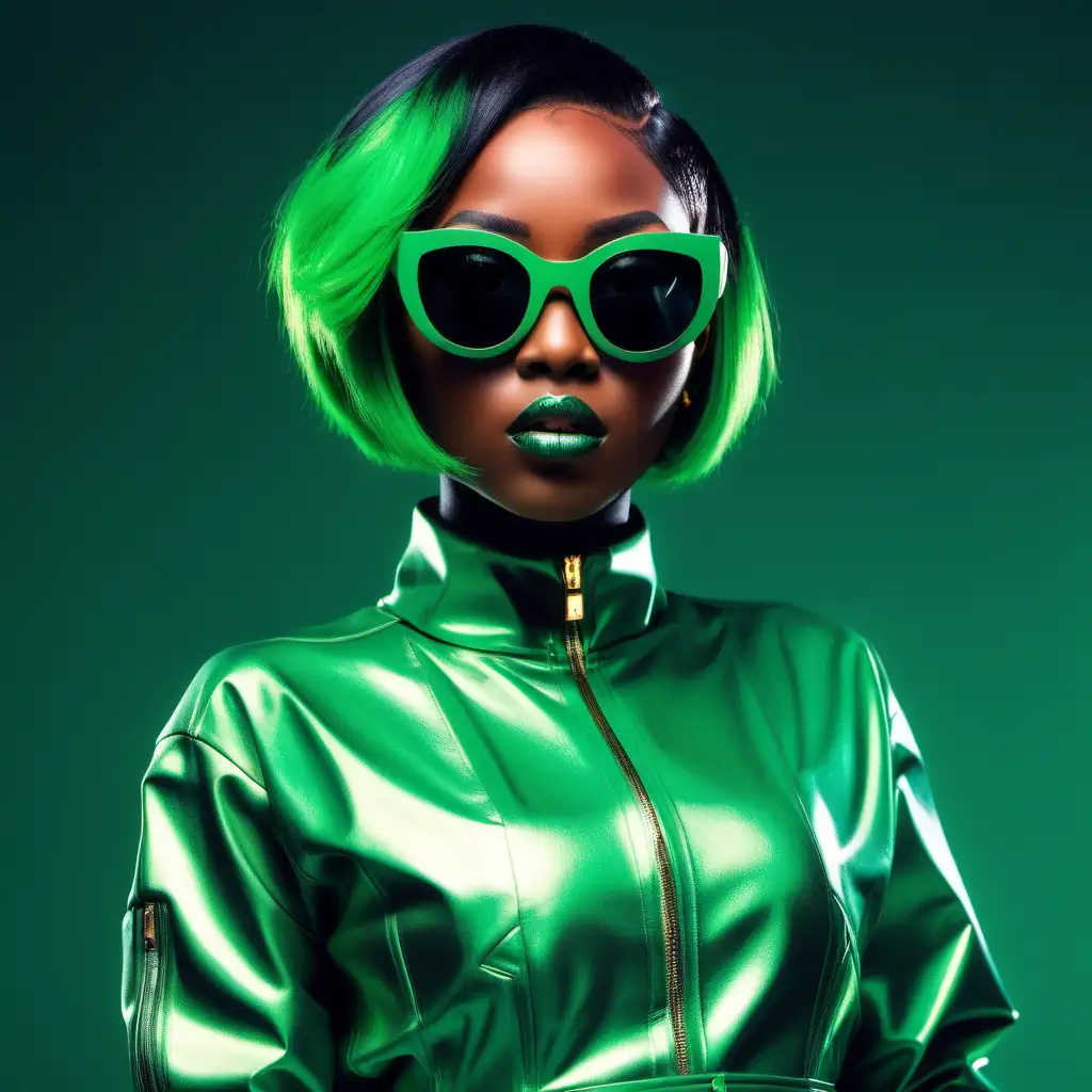 Beautiful young African lady hot music single album cover. Dressed in futuristic green outfit, stylish short bob hairstyle and sunglasses