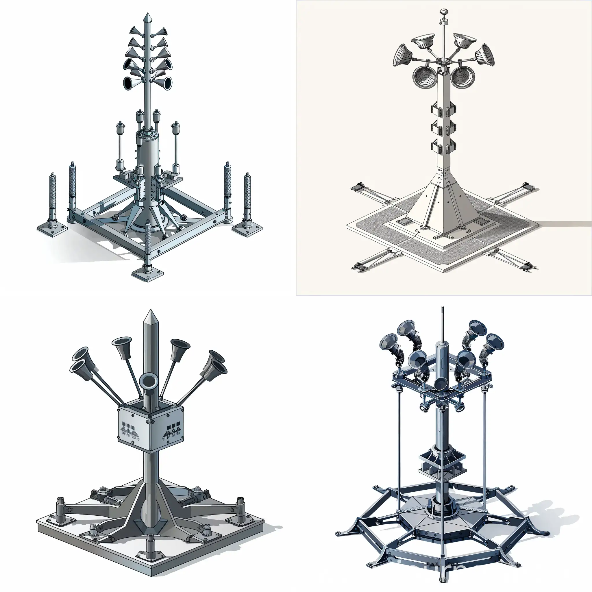small minimalist simple metallic structure and six metallic arms around  for ground support with one pole structure in the center like a mast with a vertical arrangement of 6 doble sirens horns facing the same direction on the top of the pole with a triangular front for hauling attachment tow platform, stencil for Visio, simple minimalist illustration, low detailed, isometric, white background, warning alert, icon type, industrial structure, no futuristic