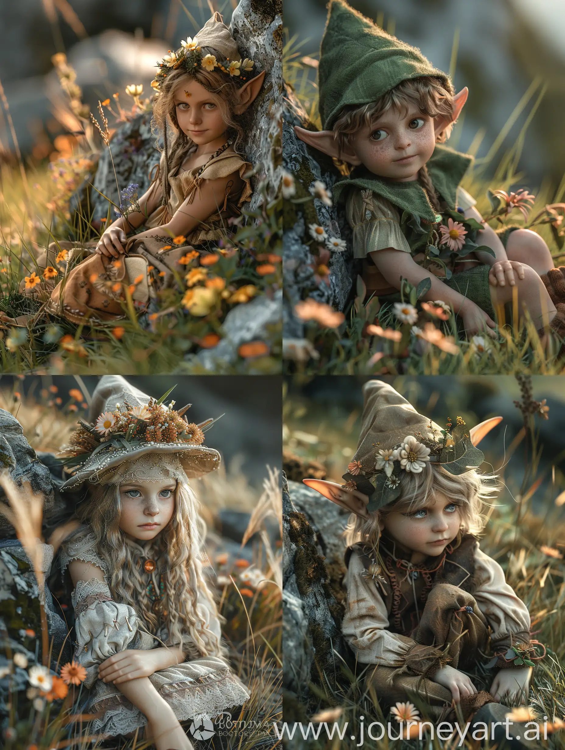 /imagine prompt: Photo of a cute little elf sits in the grass with flowers, leaning against a rock, ultra realistic, sharp focus, high detail, bright light, bohemian fashion, --stylize 400 --style raw --v 6