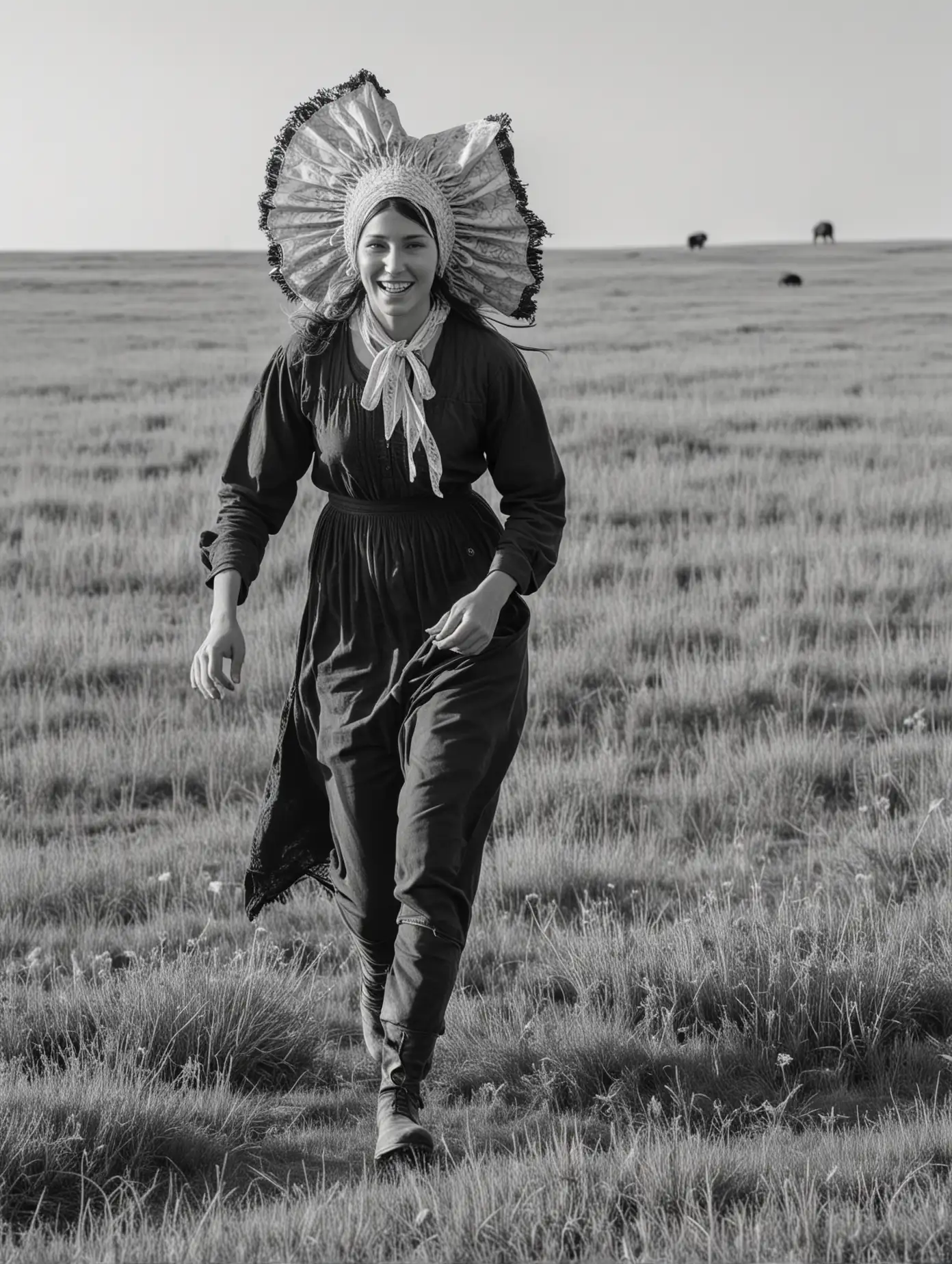 American Pioneer Woman Running Through Prairie with Buffalo in Black and White