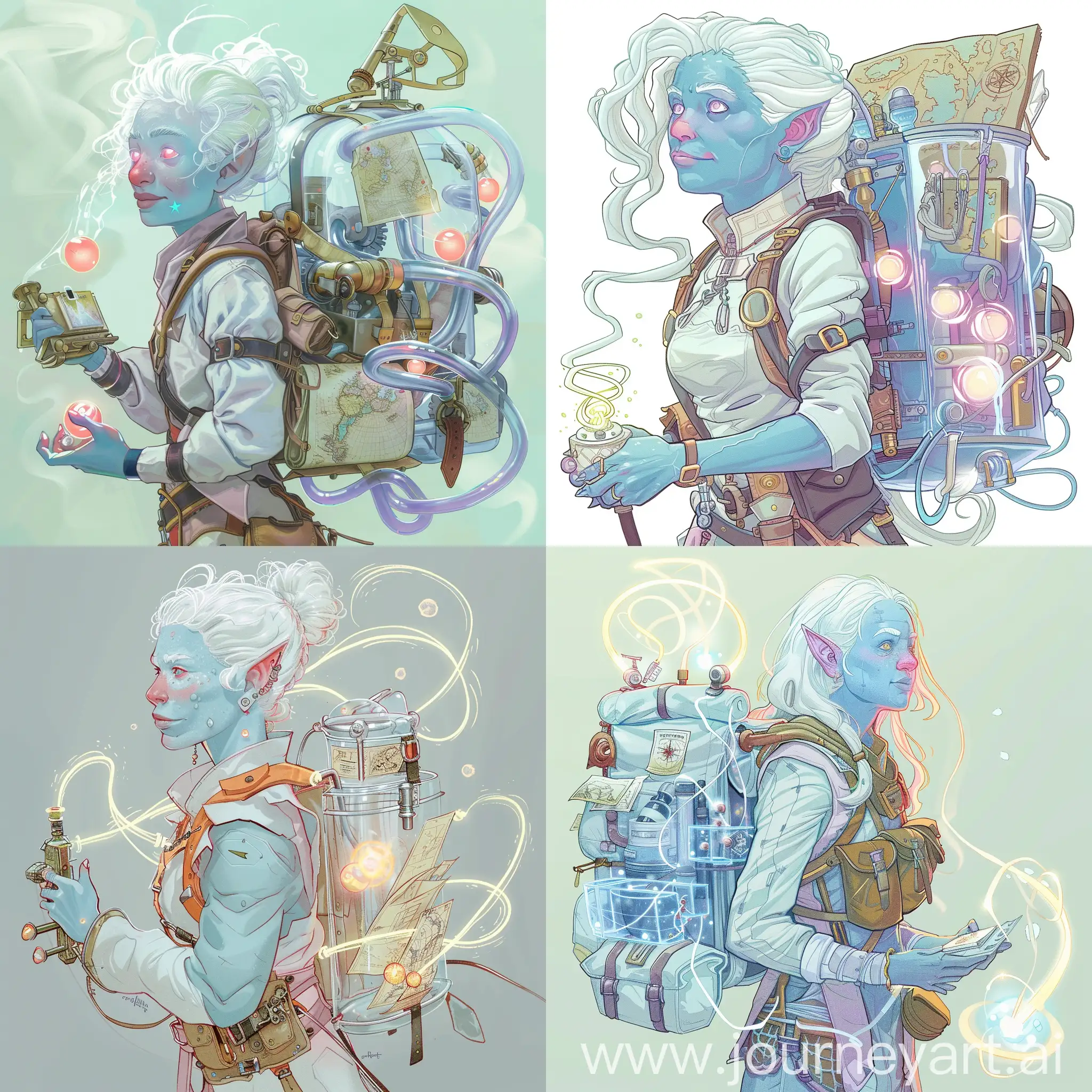  A whimsically drawn dungeons and dragons character portrait of a female firbolg artificer with pale blue skin and snow-white hair, sporting a rosy nose. She's equipped with a steampunk-inspired transparent backpack contraption, complete with swirling glowing orbs of arcane energy flowing through transparent tubes, destined for her expertly calibrated handheld launcher. The contraption has pockets stuffed full of maps and mapmaking tools, as she's a skilled cartographer who's just completed her degree and set out to chart the wonders of an Amazon-like jungle using magical parchment. She is wearing pastel safari gear.