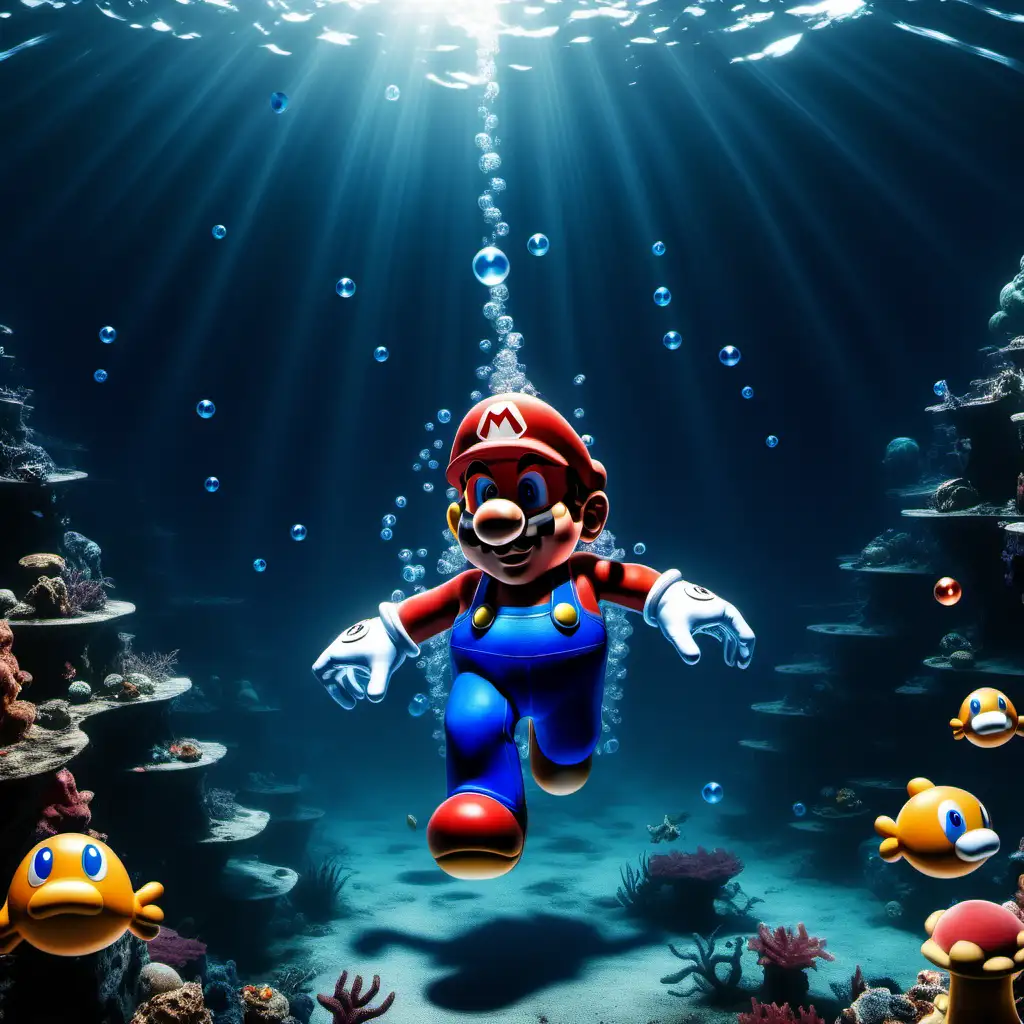 Imagine a mysterious deep ocean seabed. everything is faded and dark with deep blue undertones. A distant view of Mario swimming in the depths with his costume on, which has lost its vibrant color. His clothes are faded, not bright. There are bubbles around.