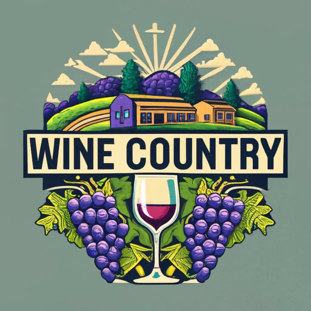 photorealistic, logo, Enchanting, emblem, patch, insignia, wine glass grapes, grape field, with the text "Wine Country Warehouse", clean typography, be used in Retail industry