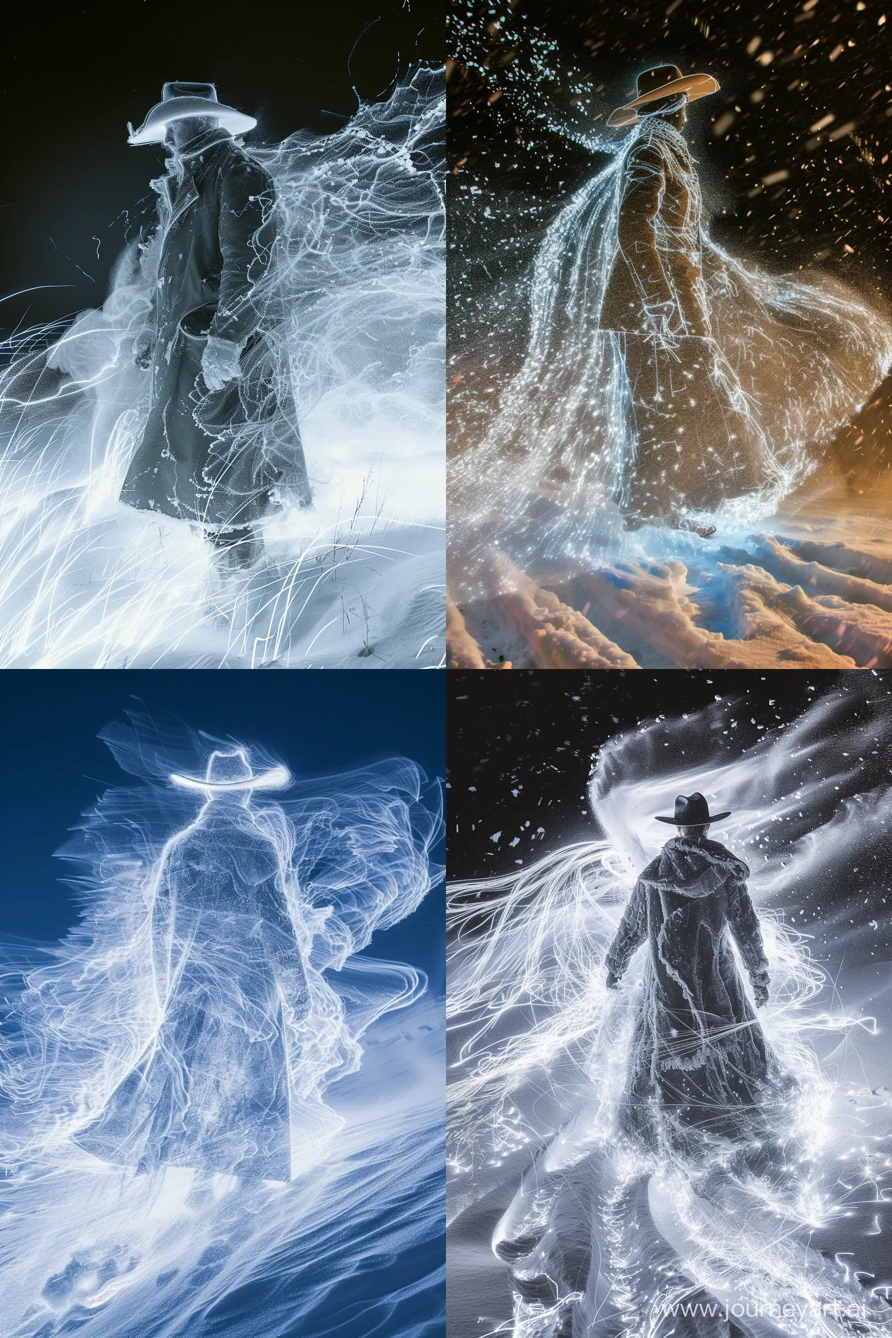 light painting of the legend of the A man in a cowboy hat and a long coat on a horse, the man in a cowboy hat and a long coat on a horse through the snow dunes, turning into ice and snow blowing and spinning ,intricate details --style raw --ar 2:3 --v 6
