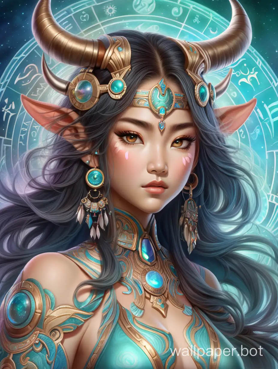 Craft breathtaking and mind-blowing magical fantasy creatures with extraordinary details and vibrant pastel colors. Envision a fantastical beautiful asian female melded with the horoscope sign of Taurus with a level of intricacy that captivates the imagination. Strive for a smooth gloss finish to enhance the final 8k to 16k resolution. Draw inspiration from the artistic styles of Julie Bell and Larry Elmore. Let your creativity flow without limitations, exploring the fantastical realms of imagination. --testpfx
