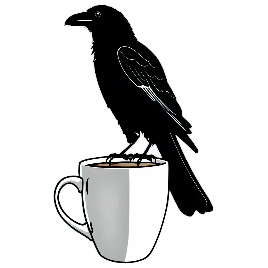 HighQuality-PNG-Image-Exquisite-Raven-Line-Art-Perched-on-Coffee-Cup-Edge