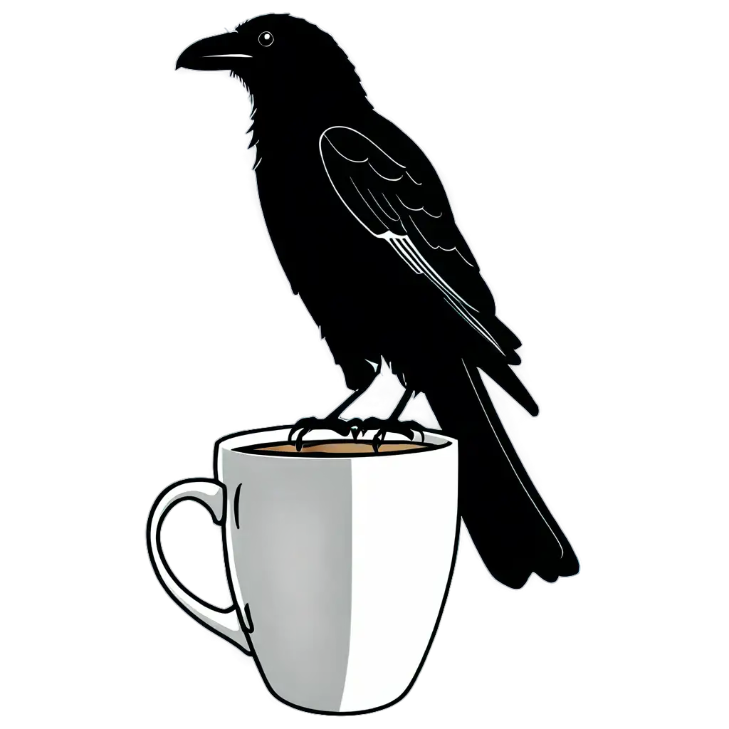 simple black and white line art drawing of a raven perched on the edge of a coffee cup, looking forward at the camera