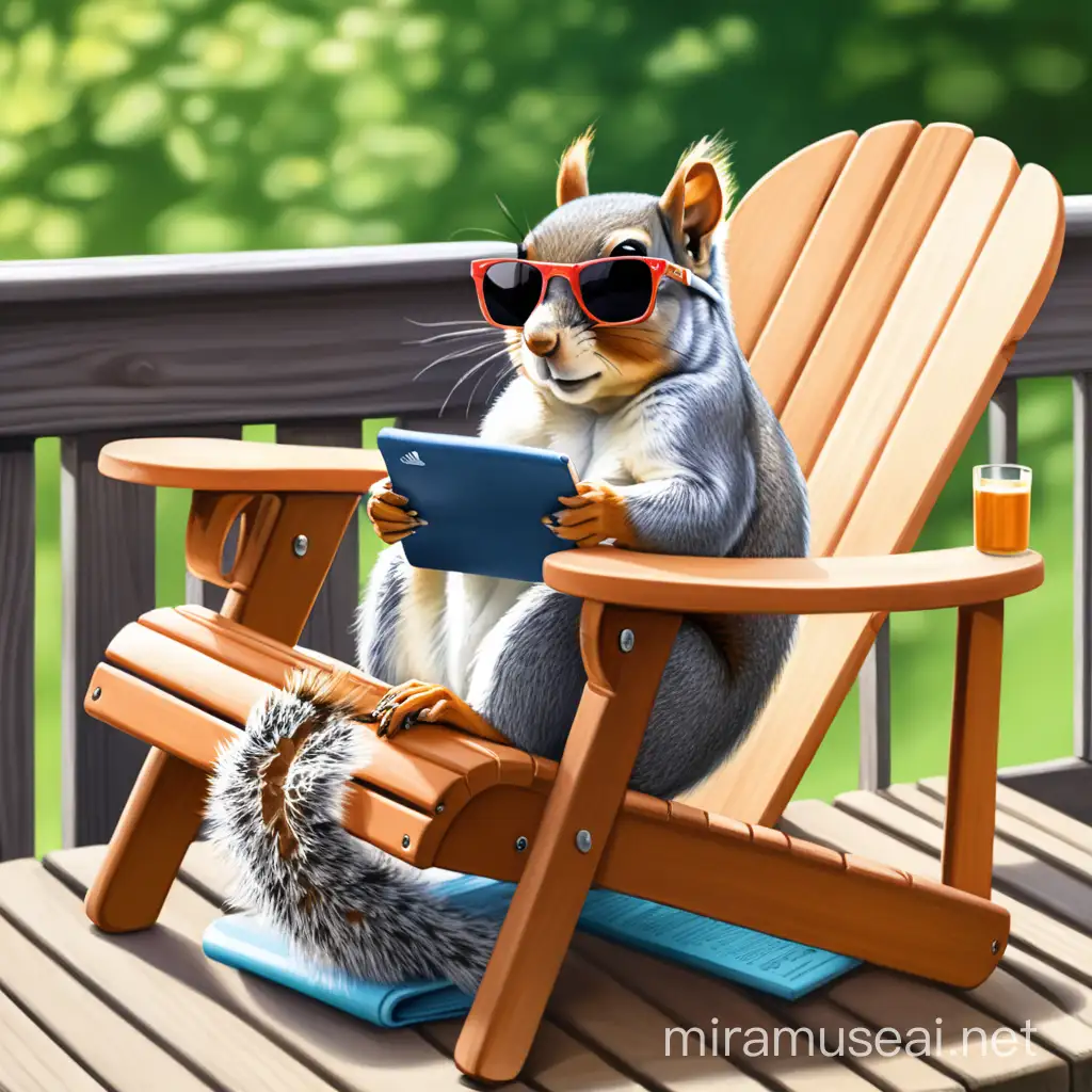 A squirrel in a bikini, lounging on a tiny Adirondack chair on the railing of the back deck, wearing sunglasses and reading a kindle