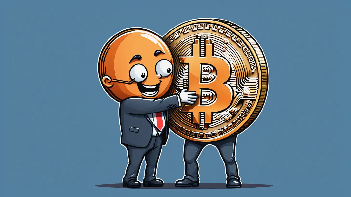 Bitcoin and UK Embrace Cartoon Coin Head in a Warm Hug