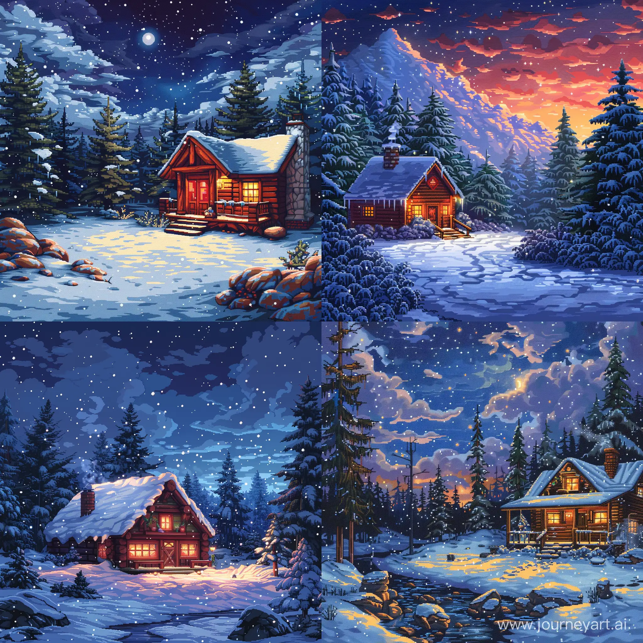 Cozy Cabin in Illustration in 8-bit Pixel Art Style, Snow Night, Bold Color Details, Extremely Details --s 500