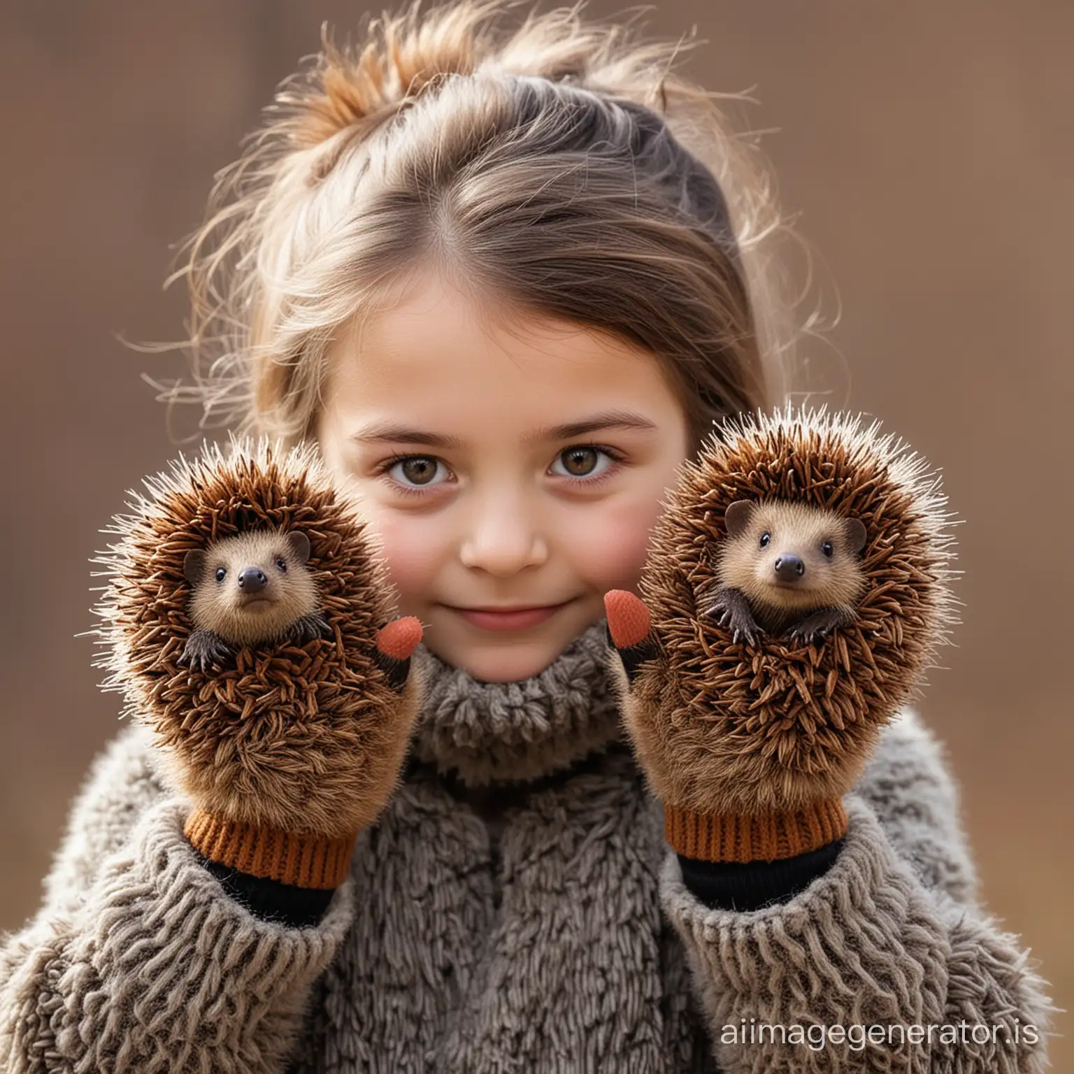 child wearing mittens made of real hedgehogs with needles