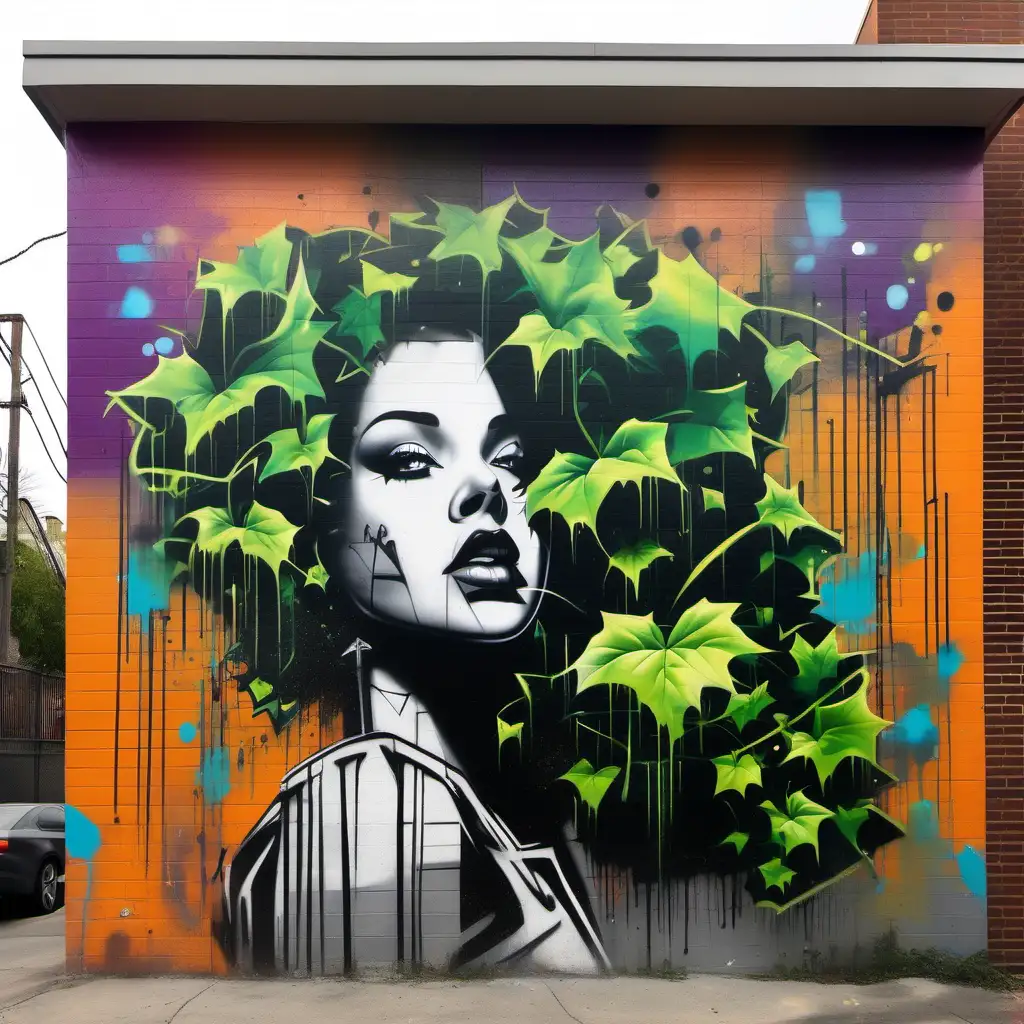 Graffiti-inspired mural of ivy, dissimulated in the architecture, spray paint technique, alcohol splatters, urban, vibrant, dynamic.