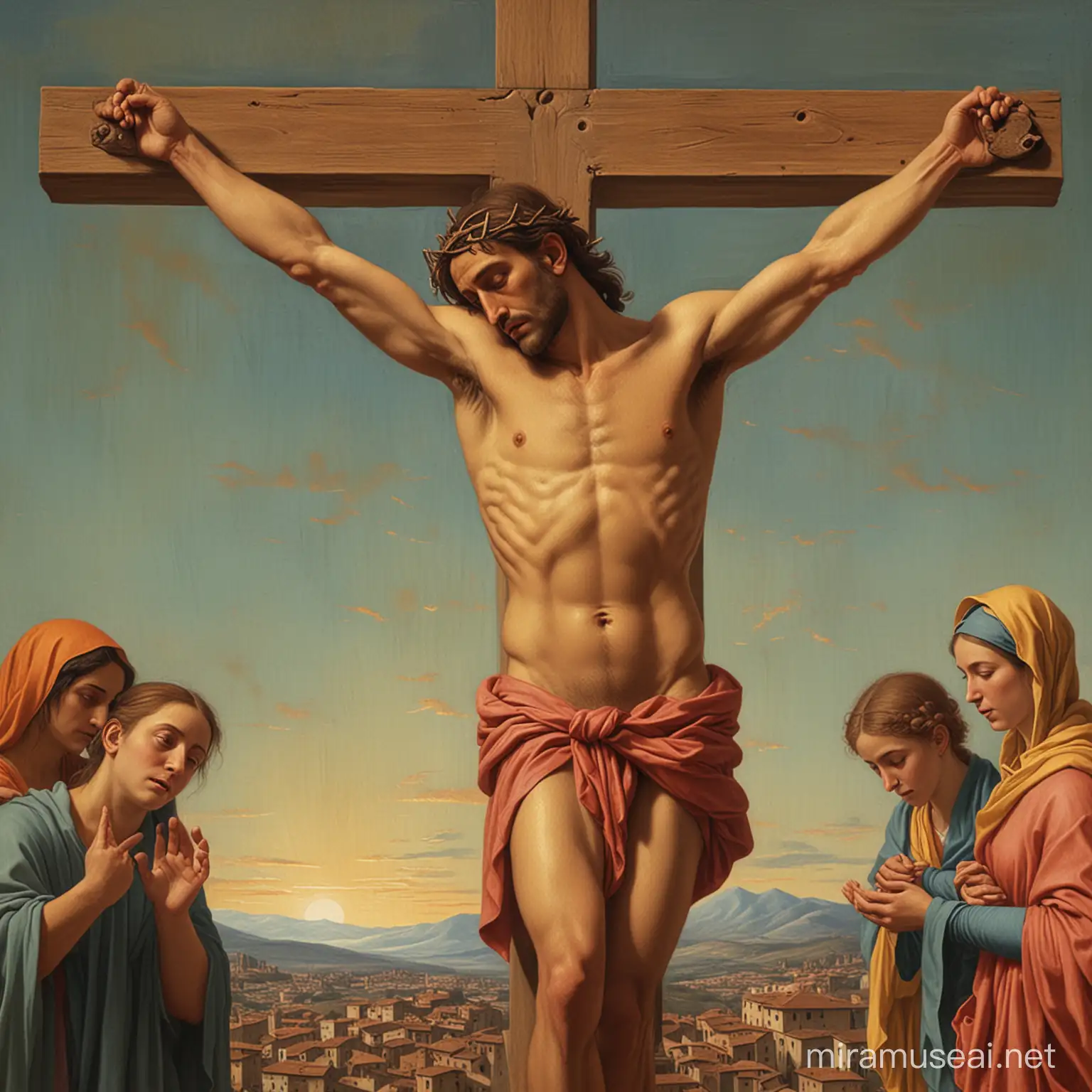 Prompt: Crea un quadro sullo stile della "Crocifissione" di Masaccio. Colori, fotorealistico