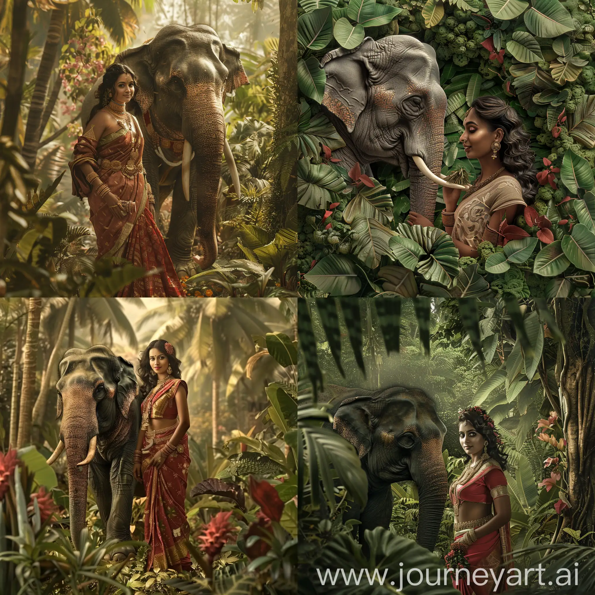 Create a stunning visual of a theme "a very beautiful Kerala woman and an elephant in a Kerala jungle", bosomy, picturesque, intricately detailed, photorrealistic scene, A very well crafted, detailed, subtle smooth color tone, vegetable world background