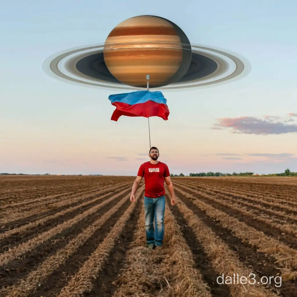 Деревенский парень с помощью летающего дрона вспахивает поле под Сатурном на фоне  флага России