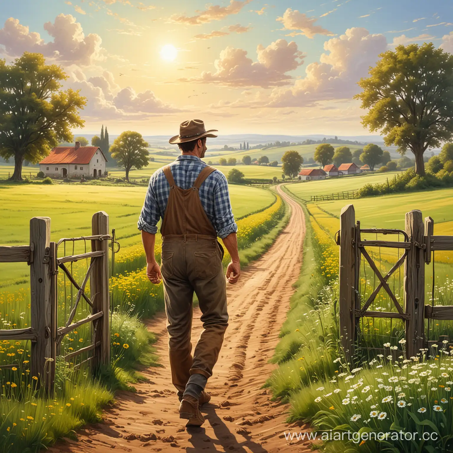 Нарисуй счастливого фермера на поле немного  перед красивыми воротами, а в дали поля и пейзаж