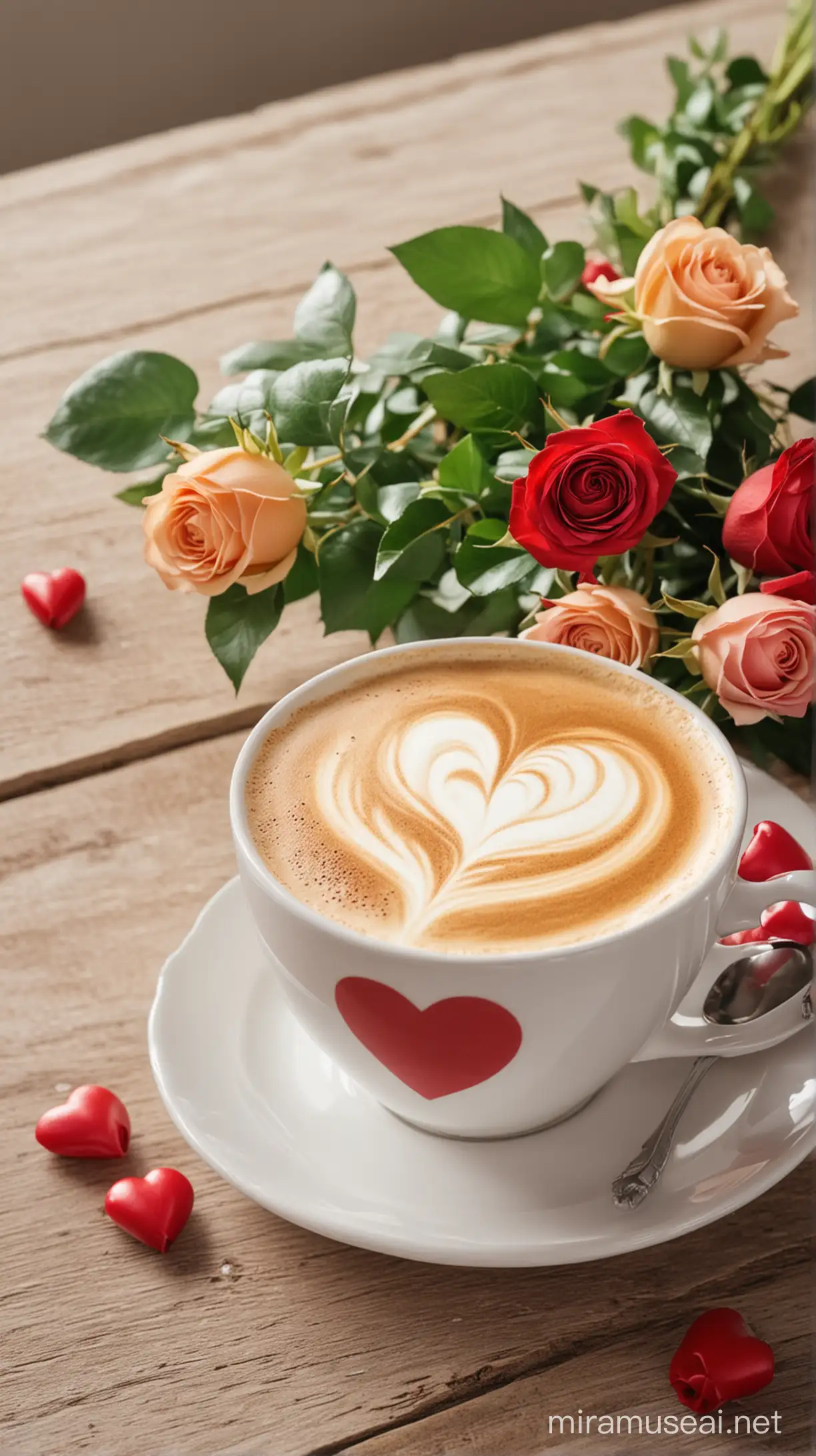 Cappuccino with Heart Latte Art and Rose Bouquet on a Morning Table