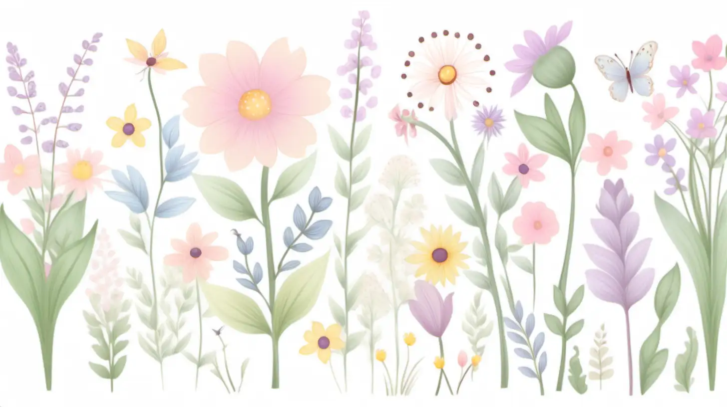 fairytale,whimsical,
pastel,spring,wildflower ,clipart, white background