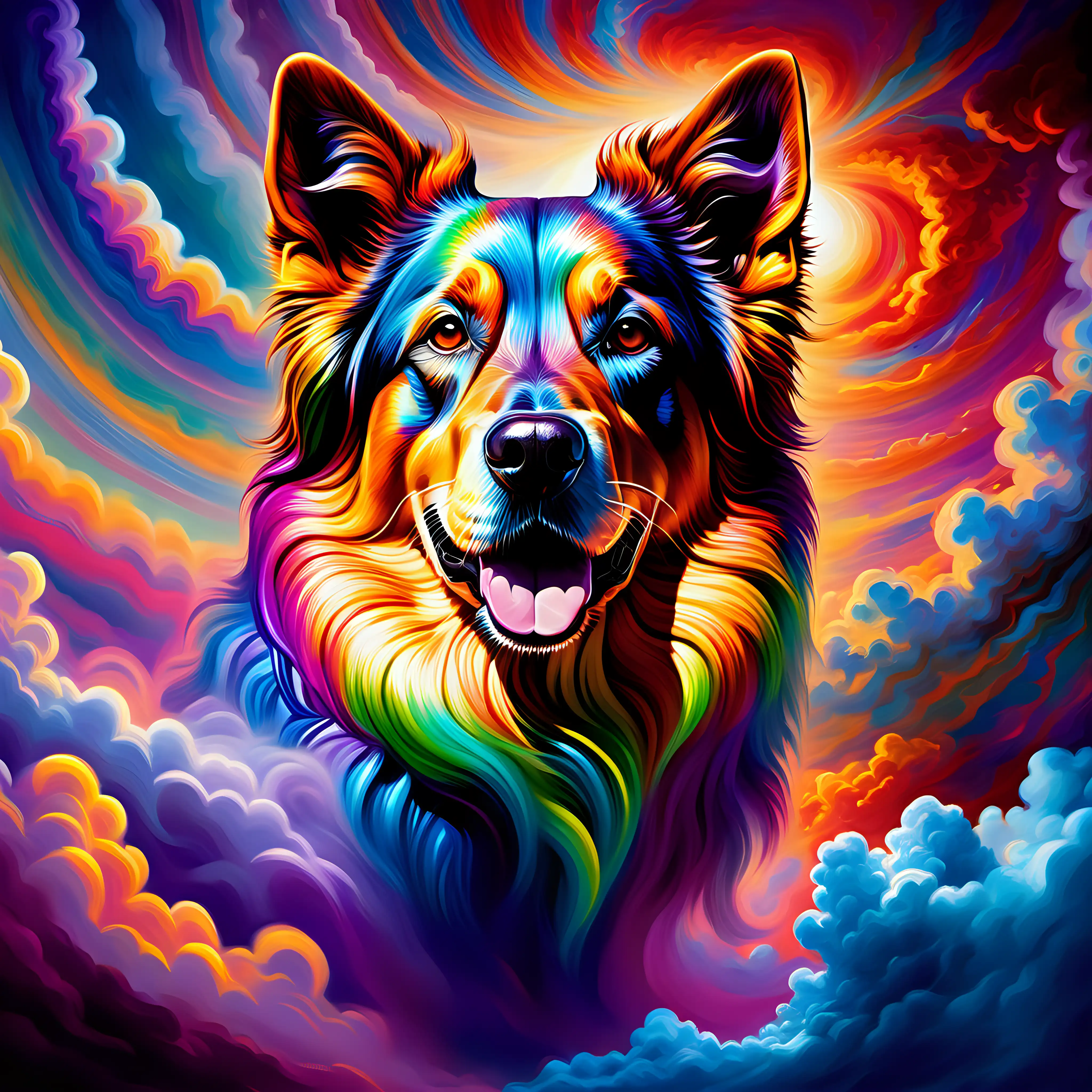 Imagine a breathtaking scene where a vibrant, multi-hued dog head emerges from a canvas of swirling, iridescent clouds. The dog head form is vividly painted with a palette of vibrant colors, emanating an aura of raw power and strength amidst the ever-shifting, kaleidoscopic clouds that surround it. Capture the essence of this majestic creature as it stands as a symbol of primal force and beauty within the mesmerizing, colorful expanse of the sky.
