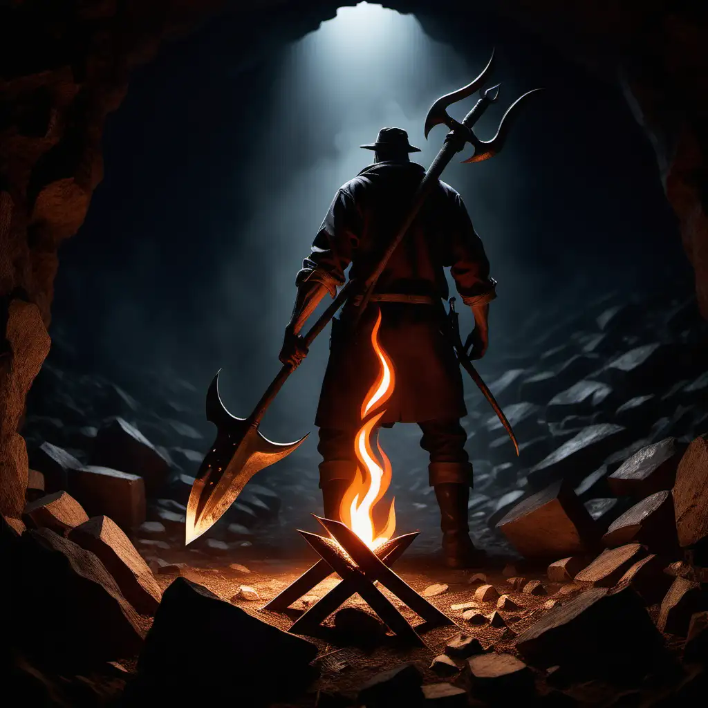 from behind farmer holding a glaive lit by campfire behind him underground 