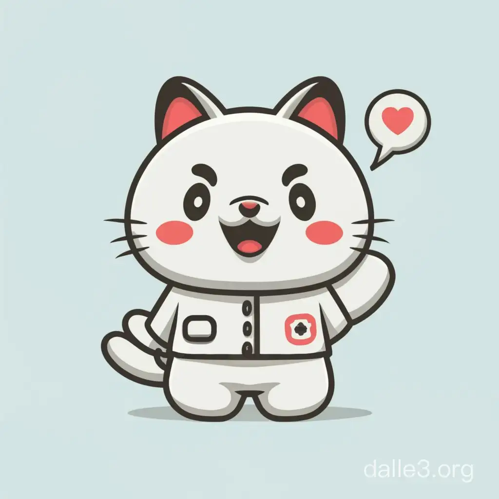 白猫　シンプルなデザインのマスコットキャラクター　丸い顔　ほっぺが赤い　くまモンをオマージュ　半袖の白衣を着ている