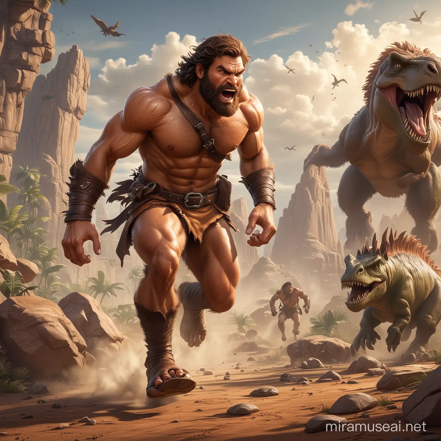 video game art, handsome caveman in leather, dynamic action style posing, he is running away from a dinosaur, bottom angle, vector art