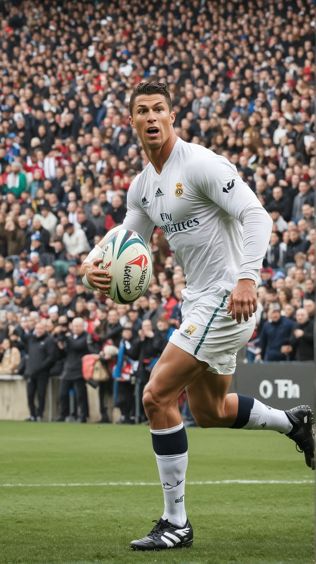 Cristiano Ronaldo Playing Rugby with Fans in Dynamic Stadium Scene