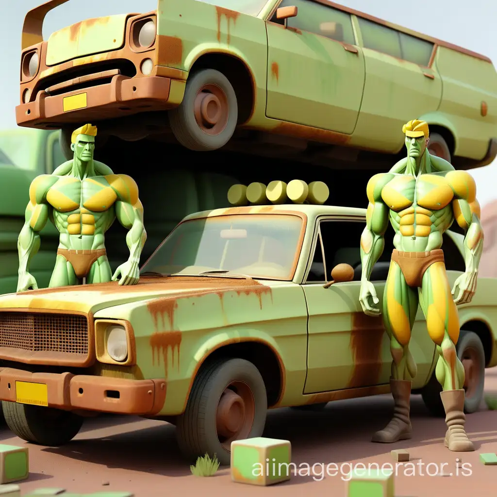 Three green-coloured muscular figures carrying a rusty yellow car. The characters are in human form, but their faces are obscured by green cubes, which prevents identification or identification of expressions. Each character is very muscular, displaying detailed anatomy and muscles. The car is an old model, with rust and visible wear indicating its age and condition. It's a second-door car with a slightly flattering yellow colour. The background is neutral and provides no context or definition for the scene depicted in the image.