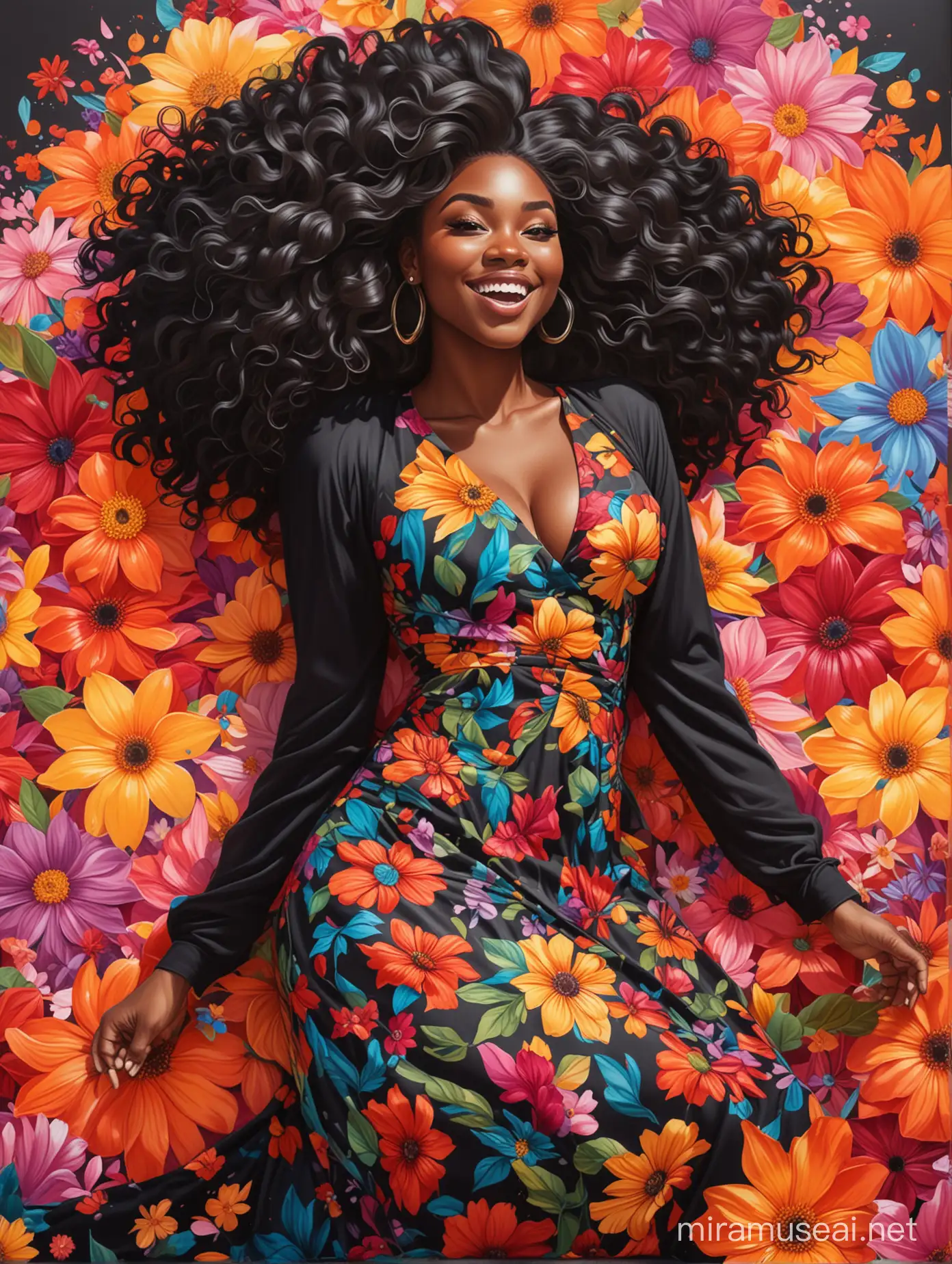 Confident Black Woman Lounging Among Colorful Flower Petals