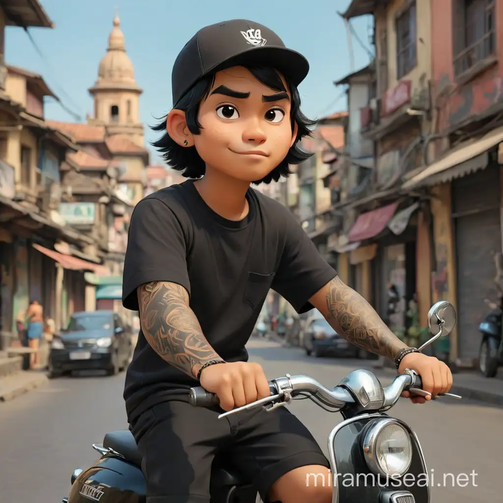 Karikatur 4d pria jawa umur 21 tahun memakai baju hitam dan celana pendek hitam rambut agak panjang memakai topi warna hitam wajah tembem menaiki vespa ada tatto di tangan pemandangan di perkotaan fokus estetik pose ke kamera